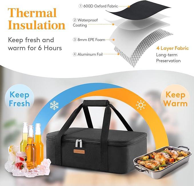LUNCIA Insulated Casserole Carrier for Hot or Cold Food, Lasagna Lugger Tote for Potluck Parties/Picnic/Cookouts, Fits 9"×13" Baking Dish, Black