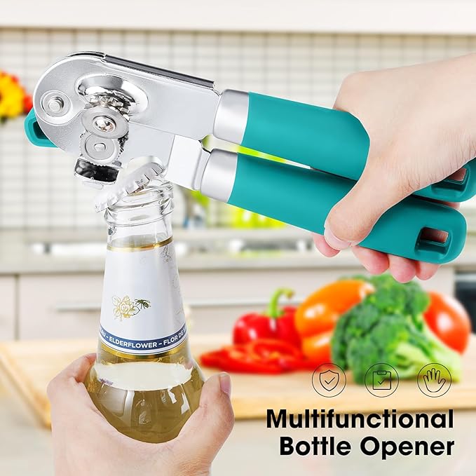 Beneno Heavy Duty Hand Can Opener Manual with Magnet, Durable Sharp Carbon Steel Blade Smooth Cutting, Big Effort-Saving Knob & Soft Grip Handle, Multifunctional Bottle Opener, Turquoise