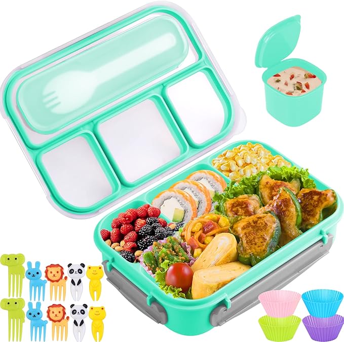 Bento Box, 1300ML Adult & Kids Lunch Box with 4 Compartment & Food Picks, Cake Cups, Leak-Proof, Microwave/Dishwasher/Freezer Safe (Green)