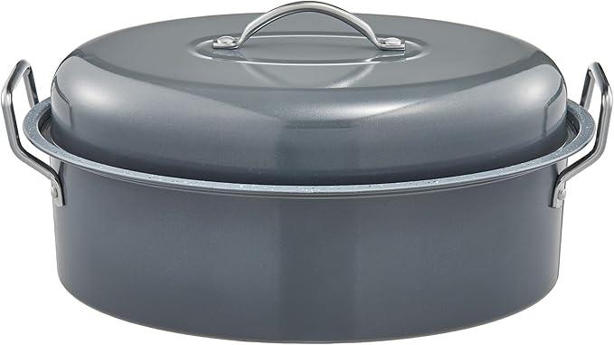 BRONYPRO Roasting Pan with Rack, 18-Inch Granite Roaster with Lid, 20 lb Capacity for Turkey, Chicken, and Vegetables, Light Gray