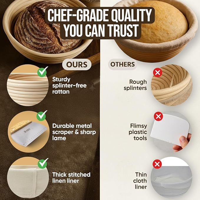 Banneton Bread Proofing Basket Set – Complete Sourdough Bread Baking Supplies – Sourdough Starter Kit – Sourdough Proofing Basket Gift for Bakers - Bread Baskets (9" Round & 10" Oval)