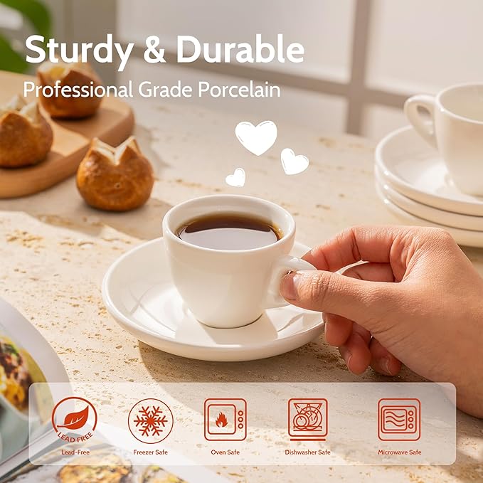 Sweese 4oz Porcelain Espresso Cups with Saucers, Set of 6 - Ideal for Espresso, Cappuccino, Latte, Tea - White