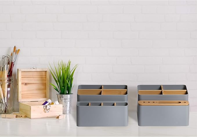 Seville Classics Bamboo Premium Organizer Storage Bins for Kitchen Silverware, Pantry, Closet, Office Desk, Pens, Utensils, Makeup, K Cup, Bamboo/Gray, Desk Caddy