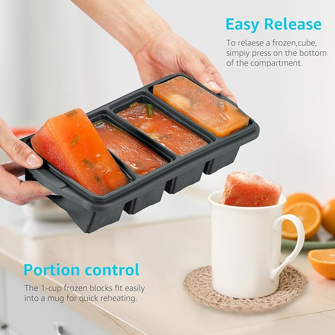 Silicone Freezer Tray With Lid - Silicone Freezer Food Molds- Large Ice Cube Tray,Silicone Freezer Container,Freeze & Store Soup, Sauce, Broth,Leftovers - Makes 4 Perfect 1 Cup