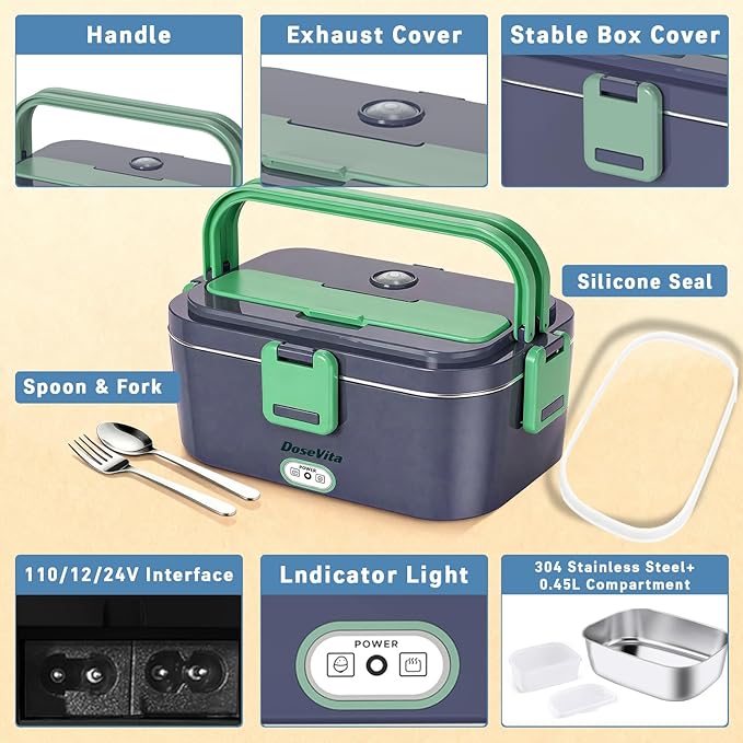 Extra-Large Electric Lunch Box For Adults Holds up to 8 Cups - 80W Heated Lunch Box 1.8L Electric Food Warmers for Travel & Work, Portable Food Warmer - Loncheras Para Hombres De Trabajo