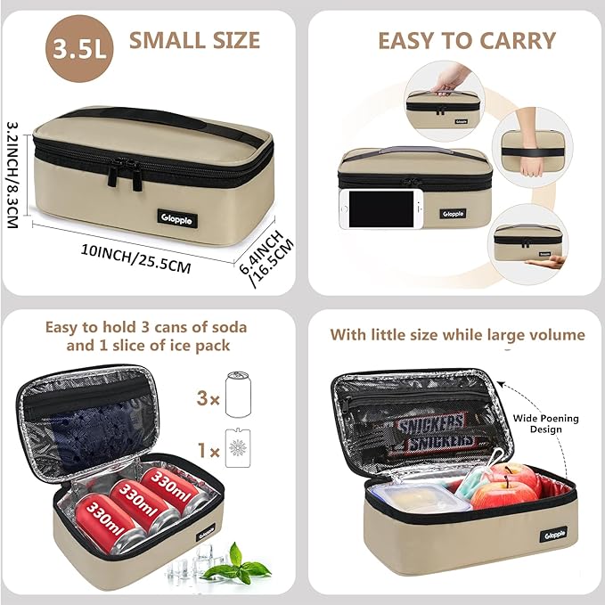 Gloppie Small Lunch Bag - Insulated Lunch Box, Mini Lunchbox Lunch Cooler Bag, Petty Food Containers, Snack Bag, for Adult, Khaki