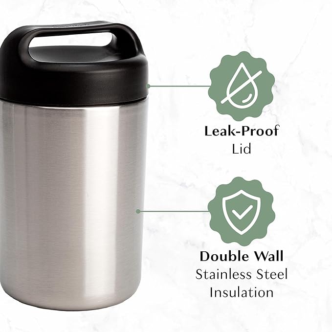 Goodful Stainless Steel Food Jar, Double Wall Vacuum Sealed Insulated Food Storage Container with Carry Handle Lid, 16-Ounce, Stainless Steel