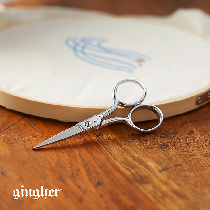 Gingher Embroidery Scissors, Precision Craft Scissors, Hand-Tuned Blades & Double Loop Handle, 4”, Silver/Nickel