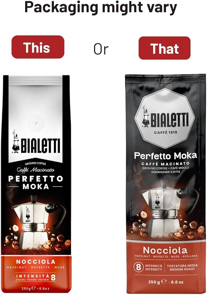 Bialetti - Perfetto Moka Nocciola: Medium Roasting Ground Coffee, Hazelnut Aroma, 8.8 Oz - 250g, Bag with Flavour-Saving Valve