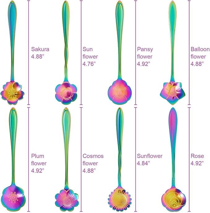 Chengu 8 Pieces Flower Coffee Tea Spoons Stainless Steel Sugar Spoons Tea Party Flower Fancy Tableware Set Stir Bar Creative Stirring Teaspoon, 8 Different Patterns(Rainbow Color)