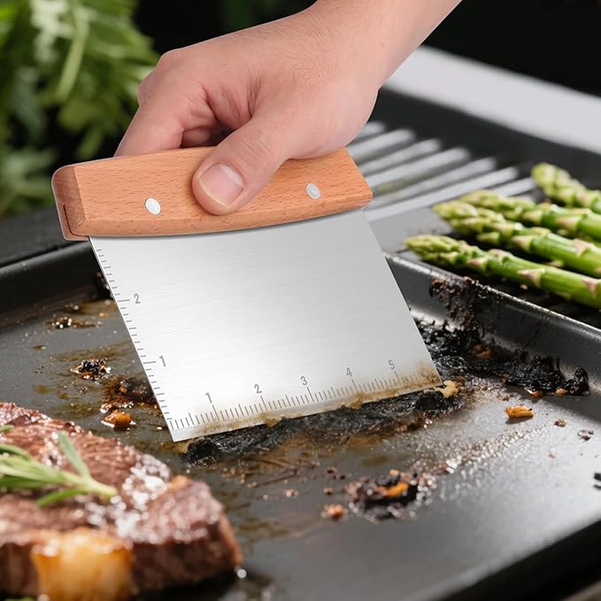 Griddle Scraper for Blackstone, Heavy Duty Stainless Steel Grill Scraper,Dough Scraper Cutter for Bread and Pizza Cutter, Griddle Scraper Chopper Multipurpose Kitchen Utensil (Spatula and Scraper)