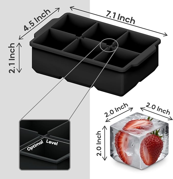 KitchFort Large Silicone Ice Cube Tray (2-Pack), Easy Release 2" Big Ice Cubes - Cocktail, Whiskey Ice Cubes Mold - Ice Trays for Freezer with Lid - Stackable Silicone Ice Tray - Black