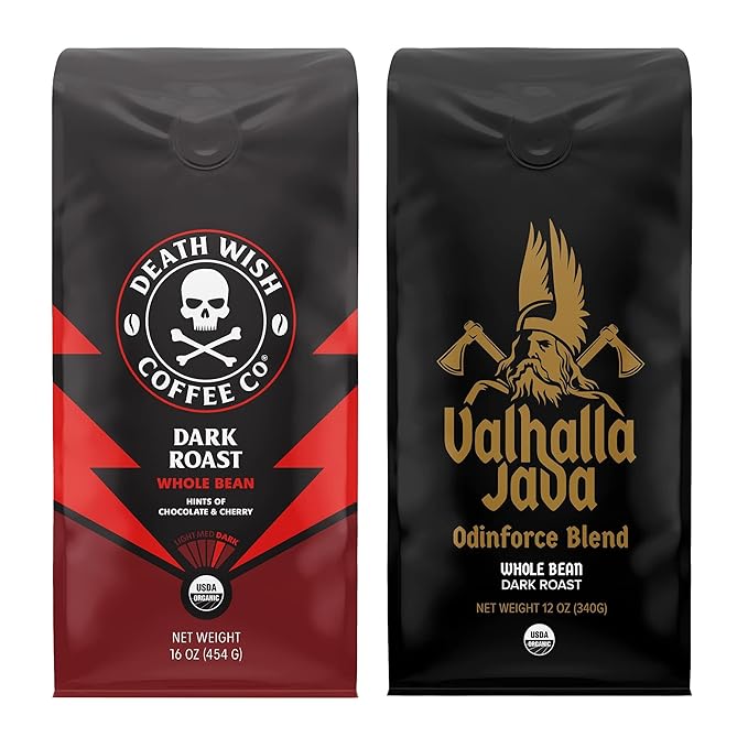 Death Wish Coffee, Whole Beans - Extra Kick of Caffeine - 1 lb & Valhalla Java Odinforce Blend 12 oz - USDA Certified Organic - Fair Trade - Arabica & Robusta Beans