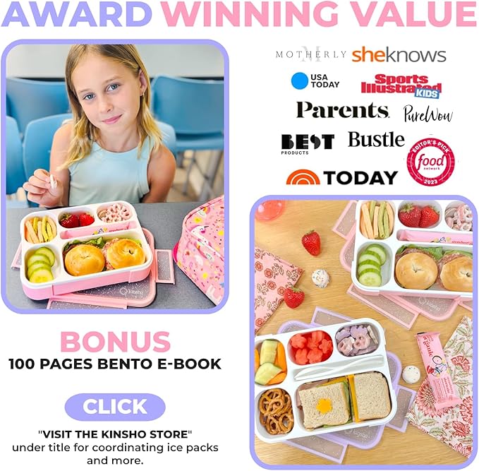 kinsho Glitter Lunch Box Bento Boxes for Girls, Meal and Snack Containers for Toddler Daycare, School, Travel, 6 Divided Compartments, Cute 2 Pack Set, Utensils, Pink Purple Lilac