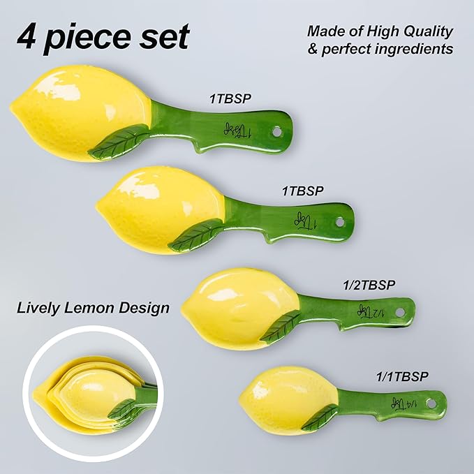 Lemon Ceramic Spoons Set: Lemon Shaped Measuring Spoons: 1 Tablespoon, 1 Teaspoon, 1/2 Teaspoon and 1/4 Teaspoon