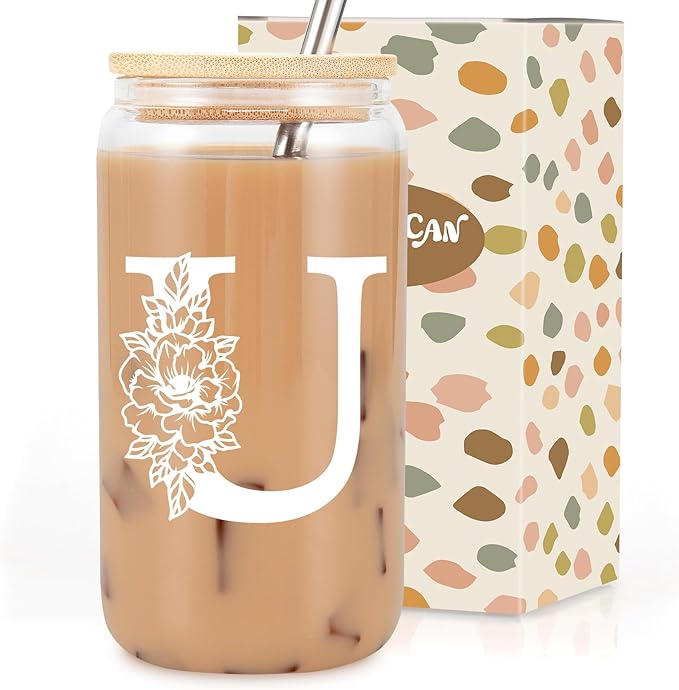 Coolife Initial Glass Cup, Monogrammed Gifts for Women, 16 oz Glass Cups w/Lids Straws, Iced Coffee Smoothie Beer Tumbler w/Straw Lid - Personalized Christmas, Birthday Gifts for Her Mom Friend Woman