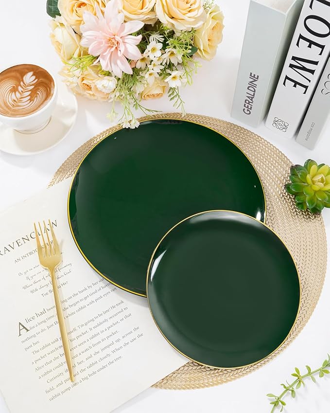 PULOTE 200PCS Green Plastic Plates - Heavy Duty Green Disposable Include 100 Each (10 inch Dinner & 7 inch Dessert) Plates for Christmas Party