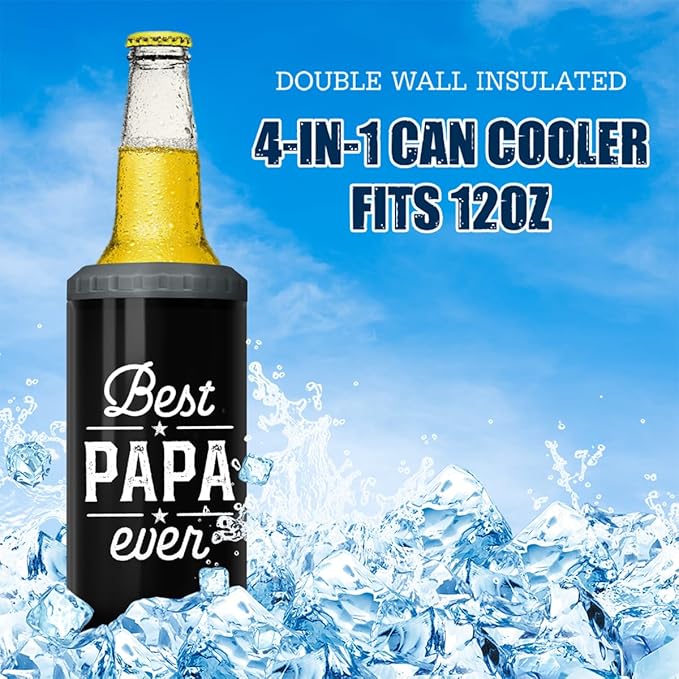 SANDJEST 4-in-1 Dad Tumbler Gifts for Dad from Daughter Son - 12oz Best Papa Ever Can Cooler Tumblers Cup - Stainless Steel Insulated Cans Coozie Christmas, Birthday, Father's Day Gift