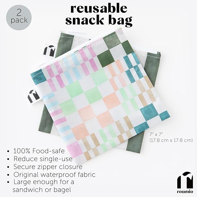 Roamio Reusable Sandwich and Snack Bags, for Kids School Lunch and for Adults Portion, Washable Fabric, Waterproof Cloth Zip Bag, Pack Travel Pouch, Food-Safe, Large 2-pk Green Stripe and Multi Check