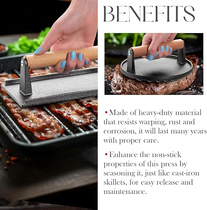 Bellemain Heavy-Duty Cast Iron Grill Press Set – Perfect Smash Burger Press & Steak Tool with Ergonomic Wood Handle for Pro-Level Searing on Griddle, Skillet, or BBQ