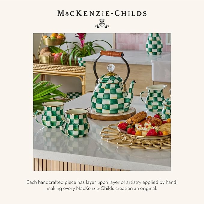 MACKENZIE-CHILDS Enamel Compote, Cute Enamel Pedestal Serving Dish or Decorative Bowl, Small, Green-and-White Emerald Check