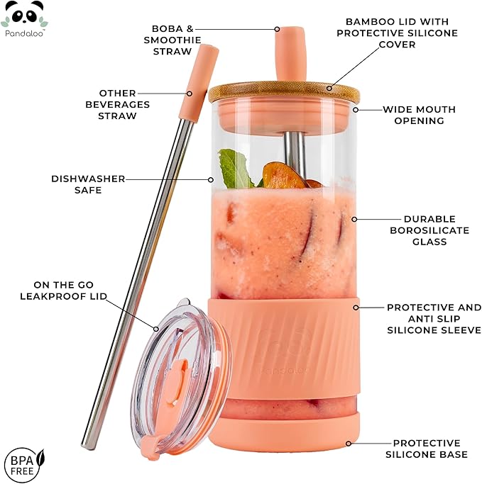 Pandaloo® Glass Cups With Lids and Straws -20 Fl Oz- Perfect Size Iced Coffee Cup - Smoothie Cup With Bamboo Lid and On the go Lid (Peach Fuzz, 1 Count (Pack of 1)