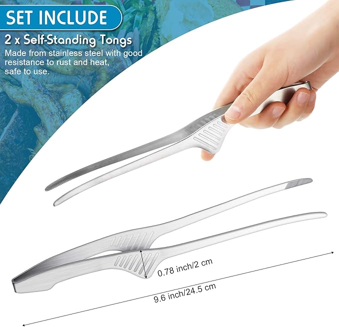 Patelai Korean and Japanese BBQ Tongs Non Slip Cooking Utensils Stainless Steel Tongs for Serving Food, Salad, Camping, Barbecue, Buffet, Oven with Support Stand(Silver,2 Pieces)
