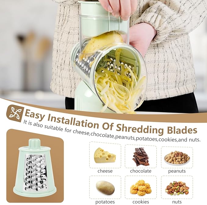 Rotary Cheese Grater with Handle Vegetable Shredder with 5 Interchangeable Blades, Kitchen Food Slicer and Chopper with Strong Suction Base for Fruit Vegetables Nuts with Blade Storage Box (Green)
