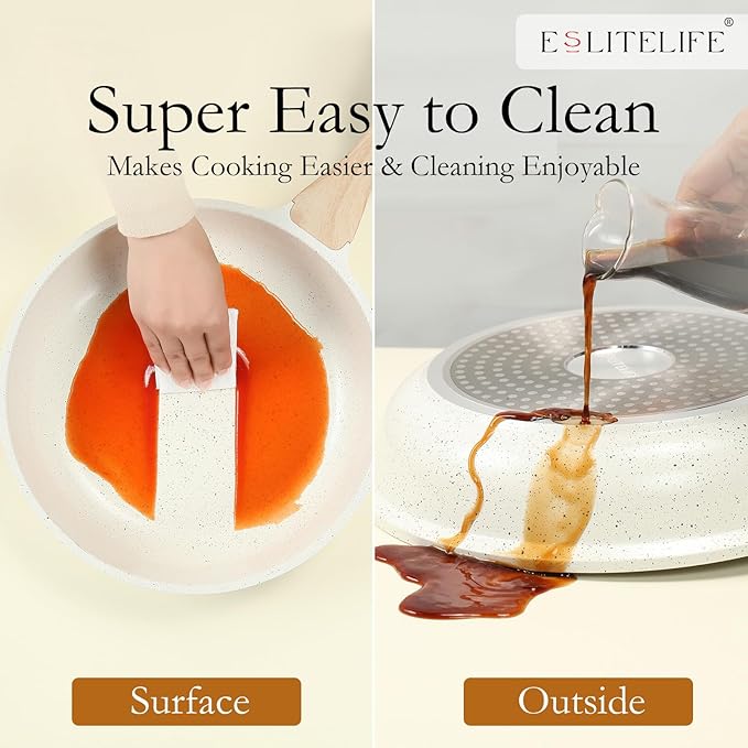 ESLITE LIFE Nonstick Ceramic Frying Pans Skillets Set with Lids, Non-Toxic Egg Omelette Kitchen Cooking Pans Compatible with All Stovetops (Gas, Electric & Induction), PTFE & PFOA Free (White)