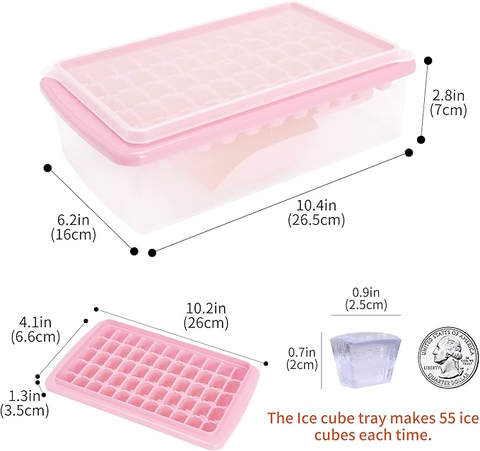 Ice Cube Tray with Lid and Bin for Freezer, Easy Release 55 Nugget Ice Tray with Cover, Storage Container, Scoop. Perfect Small Ice Cube Maker Tray & Mold. Flexable Durable Plastic, BPA Free