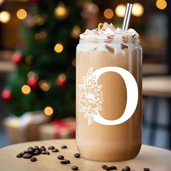 Coolife Initial Glass Cup, Monogrammed Gifts for Women, 16 oz Glass Cups w/Lids Straws, Iced Coffee Smoothie Beer Tumbler w/Straw Lid - Personalized Christmas, Birthday Gifts for Her Mom Friend Woman