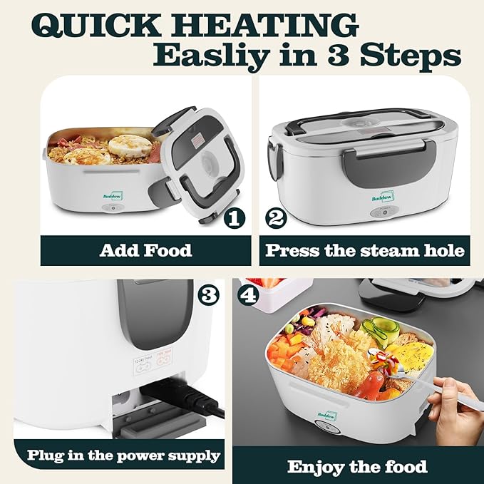 Buddew Electric Heated Lunch Box for Adults - 80W Fast Heating, 1.5L Food-Grade Stainless Steel, 12V/24V/110V Portable Food Warmer for Work Travel Car, Lonchera Electrica Portatil