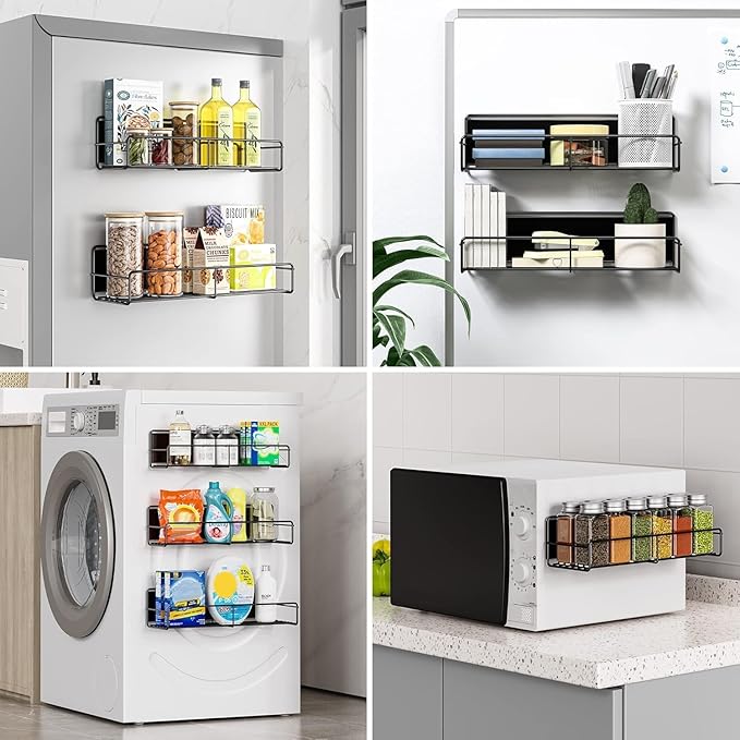 3 Pack Magnetic Spice Rack Organizer, Space Saver for Refrigerator and Whiteboard, Metal Fridge Shelf for Kitchen and Classroom, Black