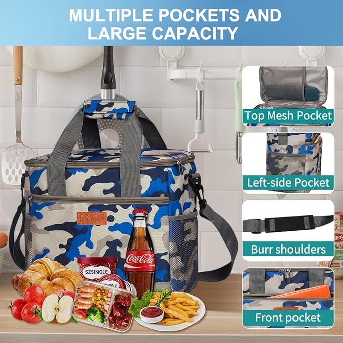 Iknoe Large Cooler Bag Collapsible 24 Can Insulated Bags Leakproof Lunch Cooler Tote with Multi-Pockets for Adult Insulated Thermal Bag for Beach, Picnic, Office Work(Navy Blue)