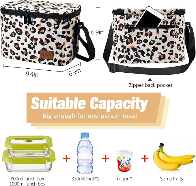 Aosbos Lunch Bag Women, Insulated Lunchbox for Adults, Leakproof Lunch Box with Adjustable Shoulder Strap, Perfect for Work, Office, Outdoors, Picnic, Loncheras Para Mujer, Leopard
