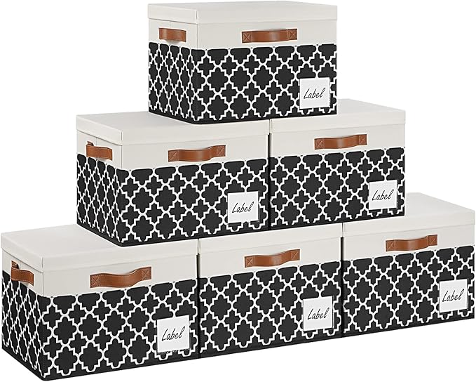 GhvyenntteS Extra Large Storage Bins with Lids, Foldable Fabric Storage Boxes with Lids and 3 Leather Handles, Sturdy Storage Baskets with Label Window (6 Pack, White&Lattice Black)