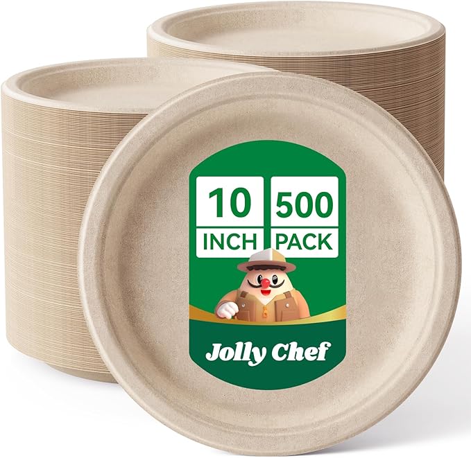JOLLY CHEF Compostable Heavy Duty Plates 𝟭𝟬 𝗜𝗻𝗰𝗵 [𝟱𝟬𝟬 𝗣𝗮𝗰𝗸] Eco-Friendly Disposable Paper Plates Made of Bagasse Biodegradable Bulk for Party Dinner Sugarcane Thanksgiving Day (Natural)