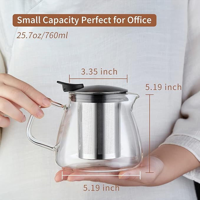 Glass Teapot Tea Pot with Removable Stainless Steel Infuser, 25oz / 760ml Borosilicate Glass Tea Kettle for Office Work, Fine Strainer for Loose Leaf Tea