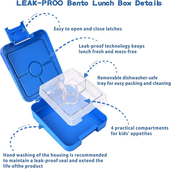 Bento Lunch Box Set for Kids with 10oz Soup Thermo, Leak-Proof Lunch Containers with 4 Compartment, Thermo Hot Food Jar and Insulated Lunch Bag for Kids to School,BPA-Free(Blue)