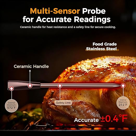 Smart Wireless Meat Thermometer,Digital Cooking Thermometer with Dual High-Accuracy Sensors,Ceramic Heat-Resistant Probe, Instant Read LCD & App Control for Kitchen,BBQ,Oven,Grill,Air Fryer