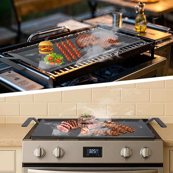 Carbon Steel Griddle for Gas Grill, 19.6" x 10.5" Double Burner Griddle Comes with Grill Press, Griddle Pan for Stove Top, Versatile Stovetop Oven, Induction Cooktop, Flat Top Plate for Charbroil Etc