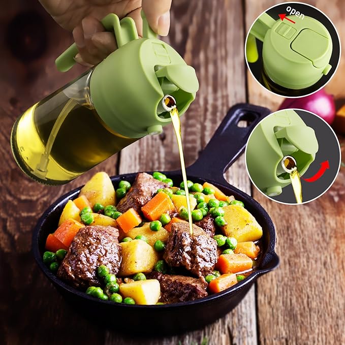 2 in 1 Glass Oil Sprayer & Dispenser,16oz/470ml Olive Cooking, Air Fryer, and Salad, for Kitchen Gadgets and Air Fryer Accessories, w/Stickers (Green)