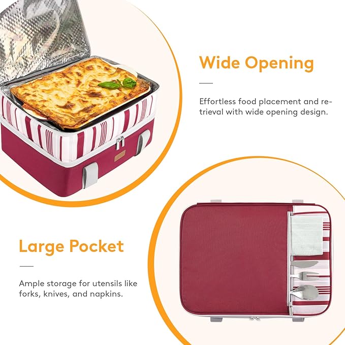 LUNCIA Double Decker Insulated Casserole Carrier for Hot or Cold Food, Lasagna Lugger Tote for Potluck Parties/Picnic/Cookouts, Fits 9"×13" Baking Dish, Red