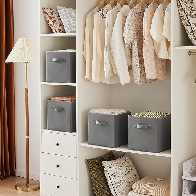 MAX Houser 6 Pack Foldable Fabric Storage Bins with Handles - Ideal for Closet Organization, Bedroom and Nursery (Grey, 10.5"x10.5"x11")