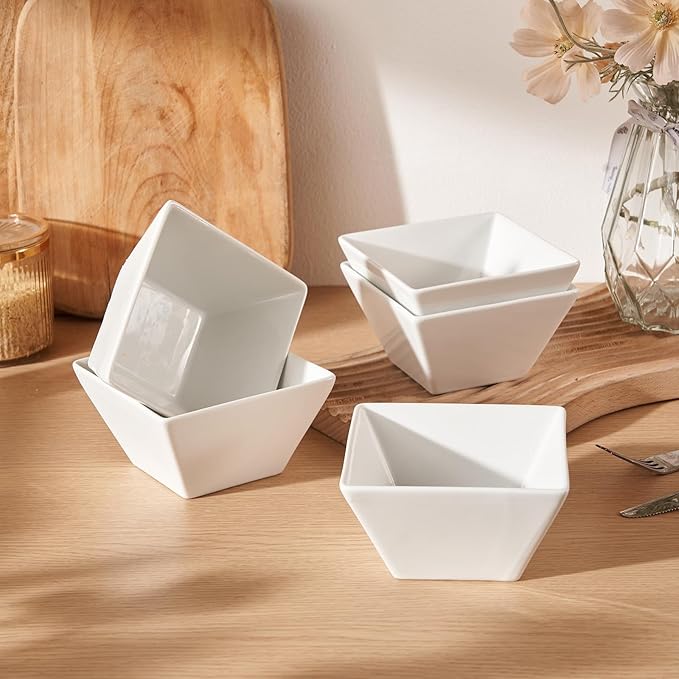 Porcelain Small Serving Bowls Set of 6, 13 Oz Square Cereal Bowls, 4.6" White Ceramic Dessert Bowls for Salad, Dip, Soup, Snack, Fruits, Small Portions, Dishwasher & Microwave Safe