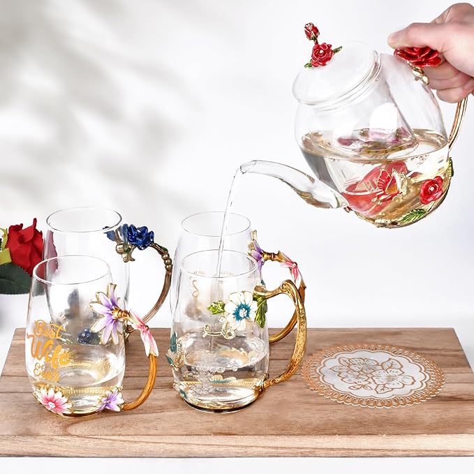 Enamel Glass Flower Tea Pot With Removable Loose Tea Leaf Infuser Tea Maker Teapot Set 30.4OZ Gifts for Women,Mom,Birthday