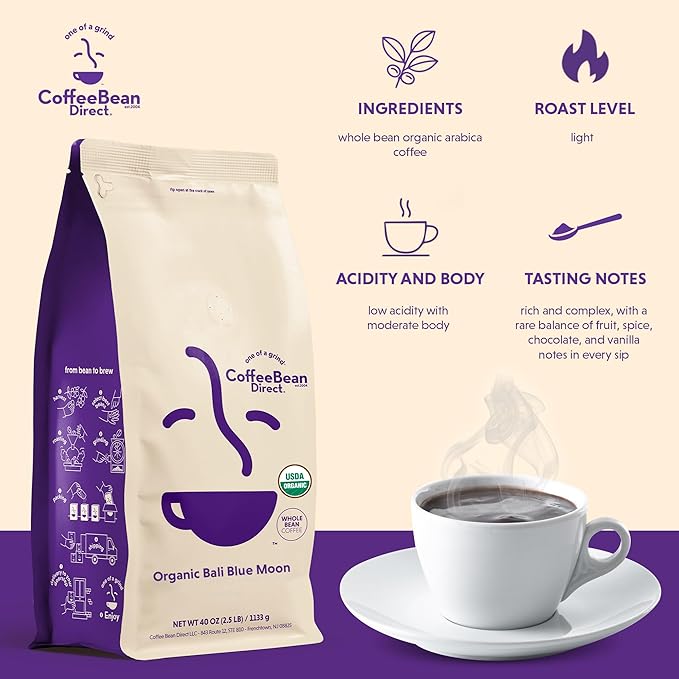 Coffee Bean Direct Organic Bali Blue Moon, Whole Bean Coffee, Light Roast, 2.5 Pound Bag (Pack of 1)