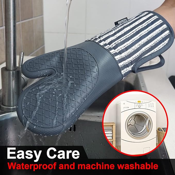 Silicone Oven Mitts Heat Resistant 932℉ with Waterproof & Non-Slip Kitchen Mittens, Set of 2 Extra Long Oven Gloves with Soft Cotton Terry Lining for Baking Cooking Barbecue