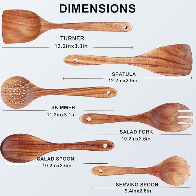 6 Pack Wooden Spoons For cooking – Heat-Resistant Premium Teak Wood Spatula with Comfort Grip, Lightweight Kitchen Cooking Utensils set, wood Spoon utensil Set Perfect for Non-Stick Cookware