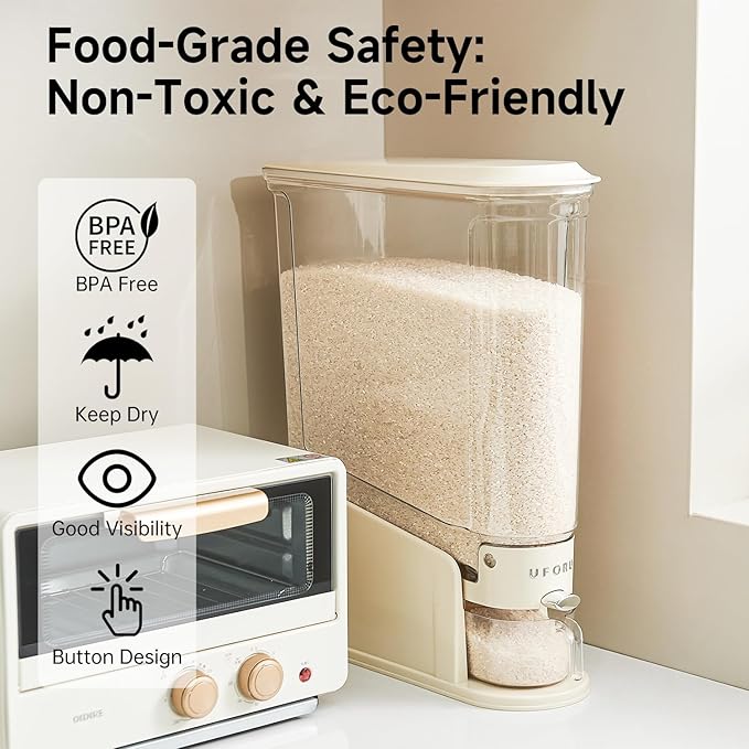 Rice Dispenser 11Lbs, Slim Rice Storage Container for Small Space, BPA-Free Clear Dry Food Dispenser Sealed Moisture Proof, Grain&Cereal Storage Bucket for Kitchen Pantry Household, Cream White